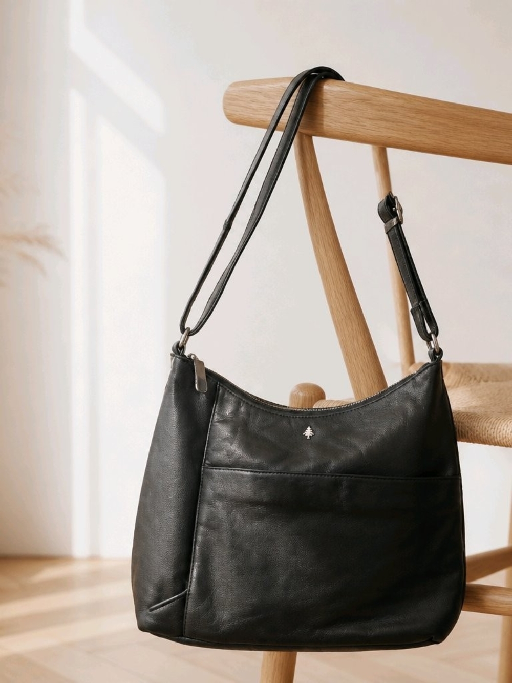 Greenwood Leather "Tressa" Black Full Grain Leather Crossbody Hobo Bag